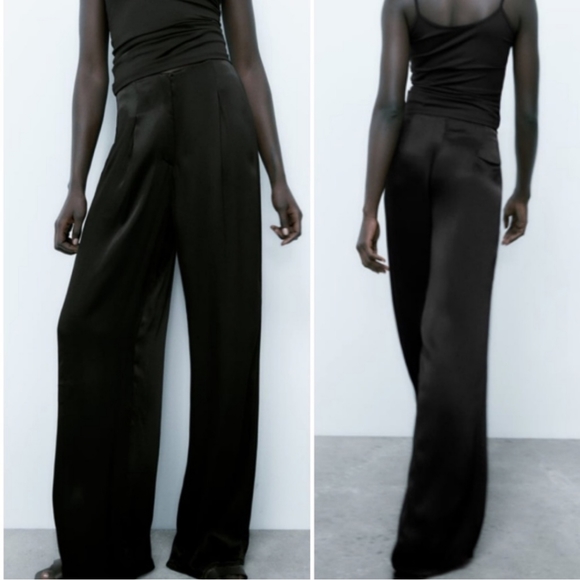 NWT ZARA * SATIN EFFECT FULL LENGTH WIDE DART PANTS - Picture 4 of 6